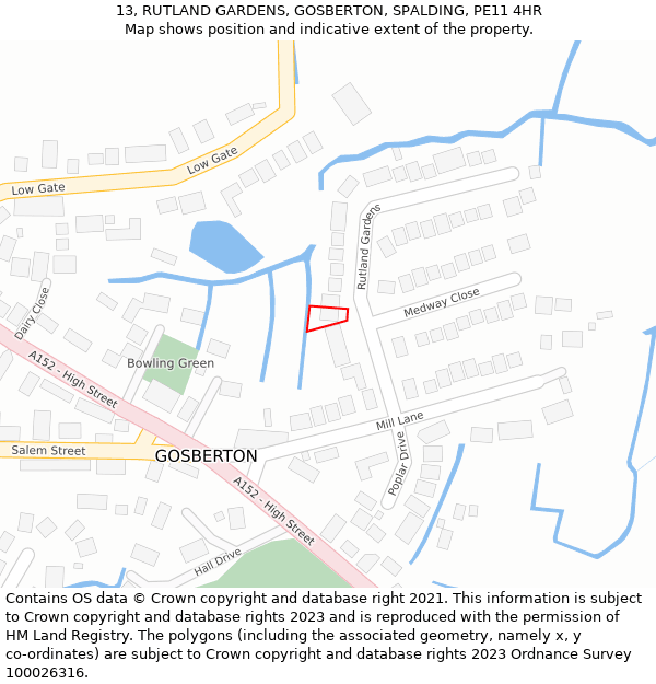 13, RUTLAND GARDENS, GOSBERTON, SPALDING, PE11 4HR: Location map and indicative extent of plot