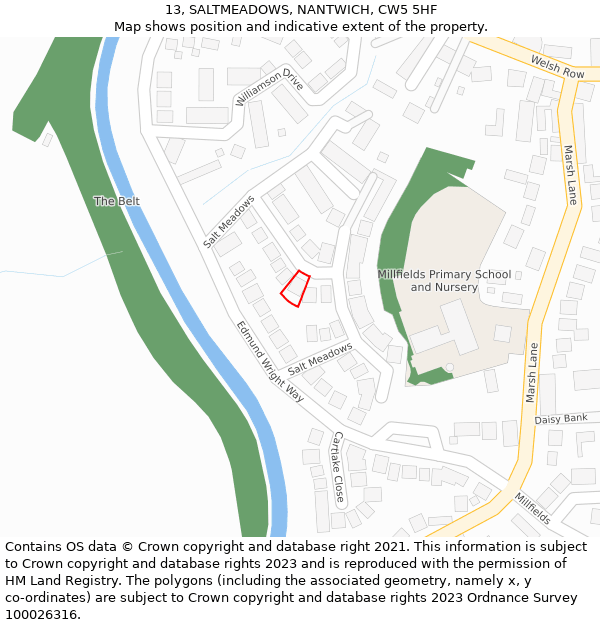 13, SALTMEADOWS, NANTWICH, CW5 5HF: Location map and indicative extent of plot