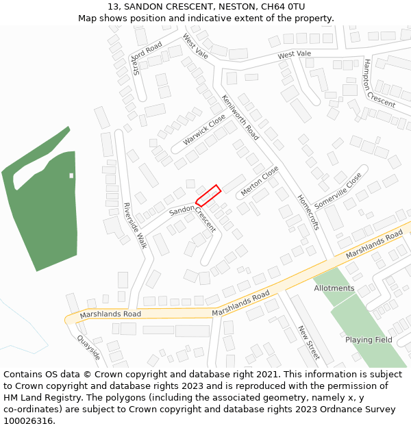 13, SANDON CRESCENT, NESTON, CH64 0TU: Location map and indicative extent of plot