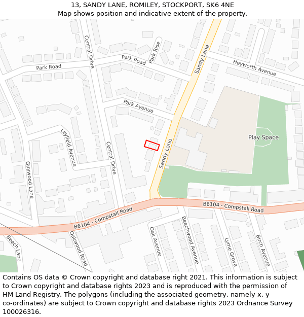 13, SANDY LANE, ROMILEY, STOCKPORT, SK6 4NE: Location map and indicative extent of plot