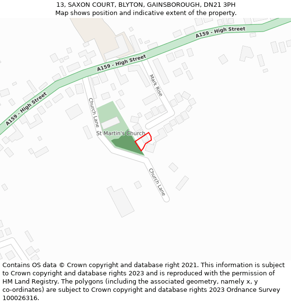 13, SAXON COURT, BLYTON, GAINSBOROUGH, DN21 3PH: Location map and indicative extent of plot