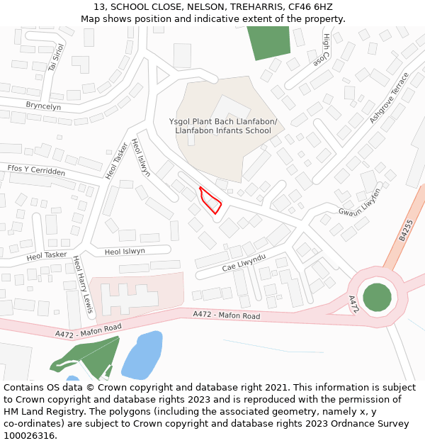 13, SCHOOL CLOSE, NELSON, TREHARRIS, CF46 6HZ: Location map and indicative extent of plot