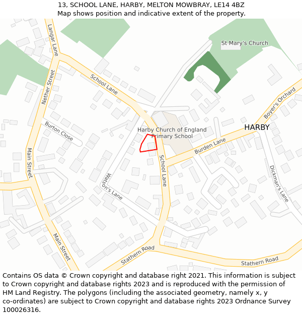 13, SCHOOL LANE, HARBY, MELTON MOWBRAY, LE14 4BZ: Location map and indicative extent of plot
