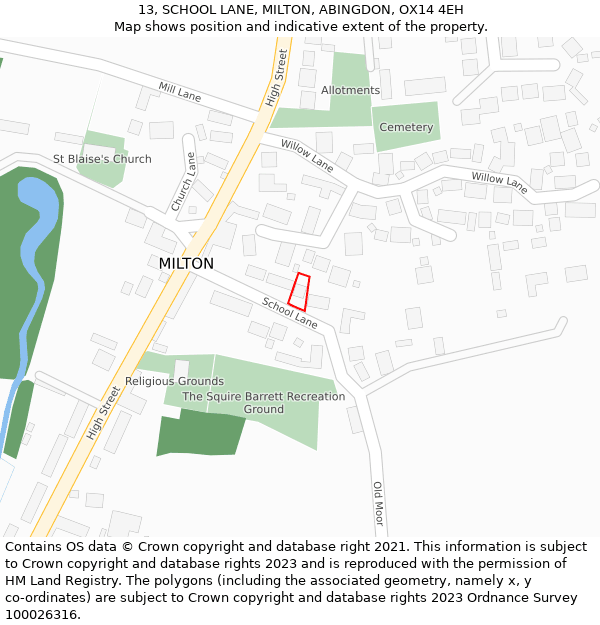 13, SCHOOL LANE, MILTON, ABINGDON, OX14 4EH: Location map and indicative extent of plot