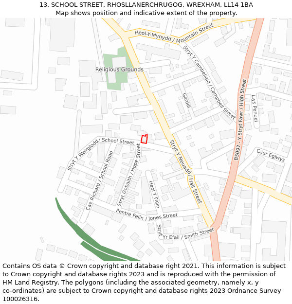 13, SCHOOL STREET, RHOSLLANERCHRUGOG, WREXHAM, LL14 1BA: Location map and indicative extent of plot