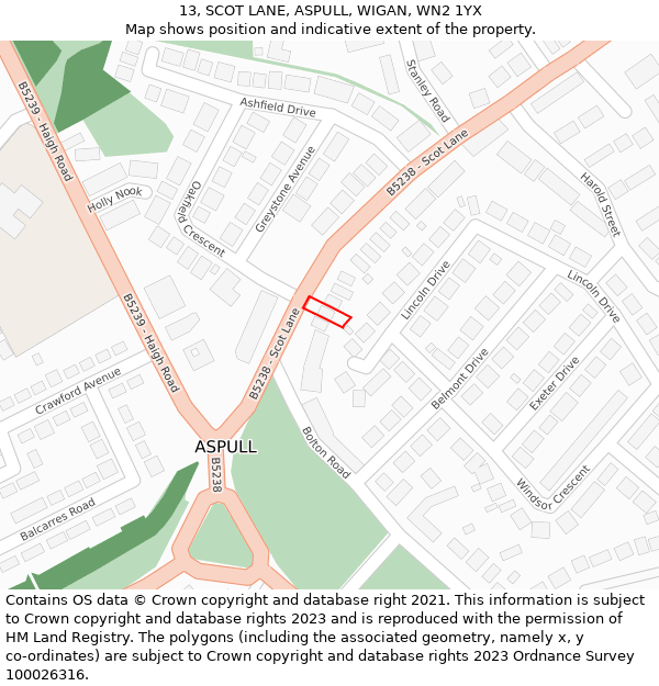 13, SCOT LANE, ASPULL, WIGAN, WN2 1YX: Location map and indicative extent of plot