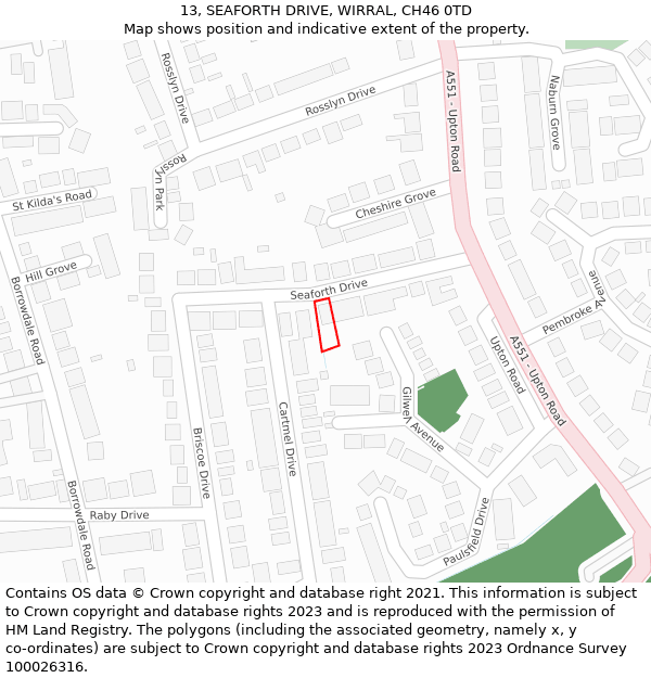 13, SEAFORTH DRIVE, WIRRAL, CH46 0TD: Location map and indicative extent of plot