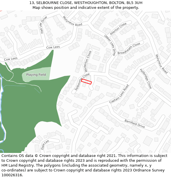 13, SELBOURNE CLOSE, WESTHOUGHTON, BOLTON, BL5 3UH: Location map and indicative extent of plot