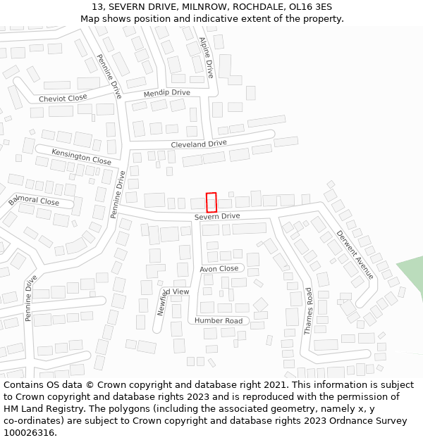 13, SEVERN DRIVE, MILNROW, ROCHDALE, OL16 3ES: Location map and indicative extent of plot