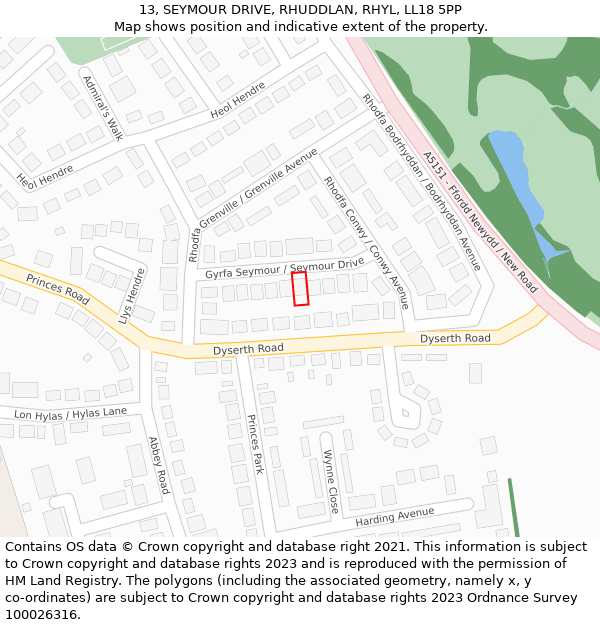 13, SEYMOUR DRIVE, RHUDDLAN, RHYL, LL18 5PP: Location map and indicative extent of plot