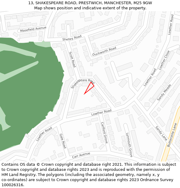 13, SHAKESPEARE ROAD, PRESTWICH, MANCHESTER, M25 9GW: Location map and indicative extent of plot