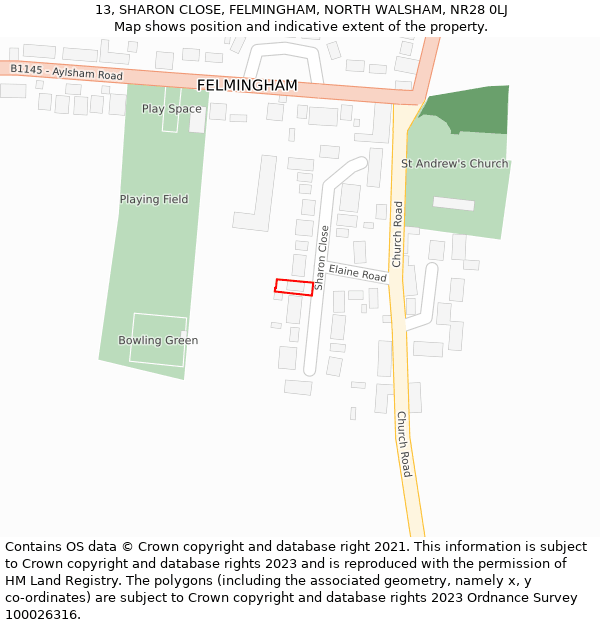 13, SHARON CLOSE, FELMINGHAM, NORTH WALSHAM, NR28 0LJ: Location map and indicative extent of plot