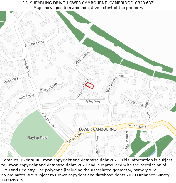 13, SHEARLING DRIVE, LOWER CAMBOURNE, CAMBRIDGE, CB23 6BZ: Location map and indicative extent of plot