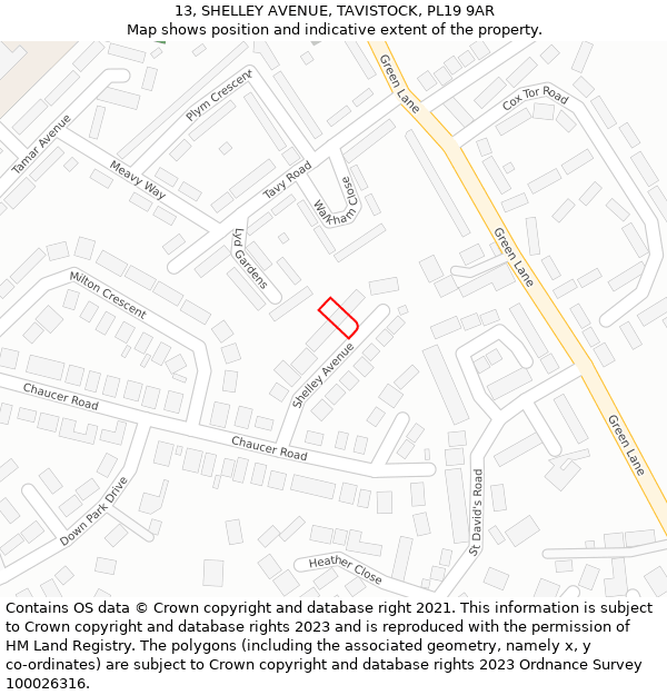 13, SHELLEY AVENUE, TAVISTOCK, PL19 9AR: Location map and indicative extent of plot