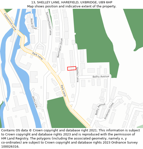 13, SHELLEY LANE, HAREFIELD, UXBRIDGE, UB9 6HP: Location map and indicative extent of plot