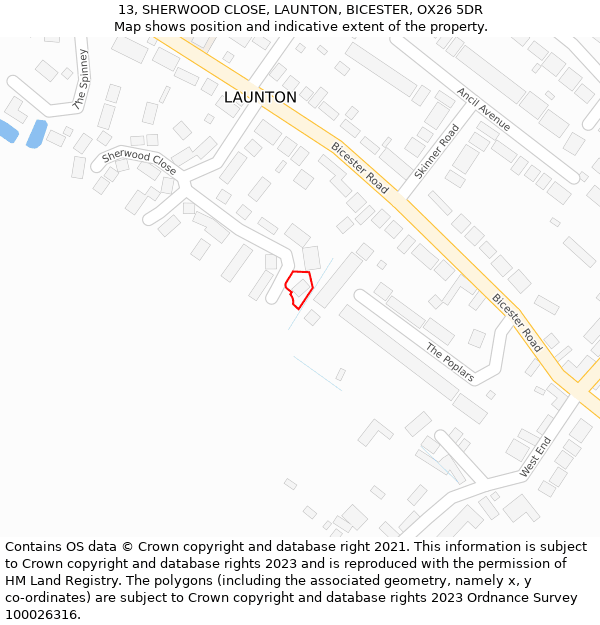 13, SHERWOOD CLOSE, LAUNTON, BICESTER, OX26 5DR: Location map and indicative extent of plot