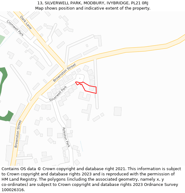 13, SILVERWELL PARK, MODBURY, IVYBRIDGE, PL21 0RJ: Location map and indicative extent of plot