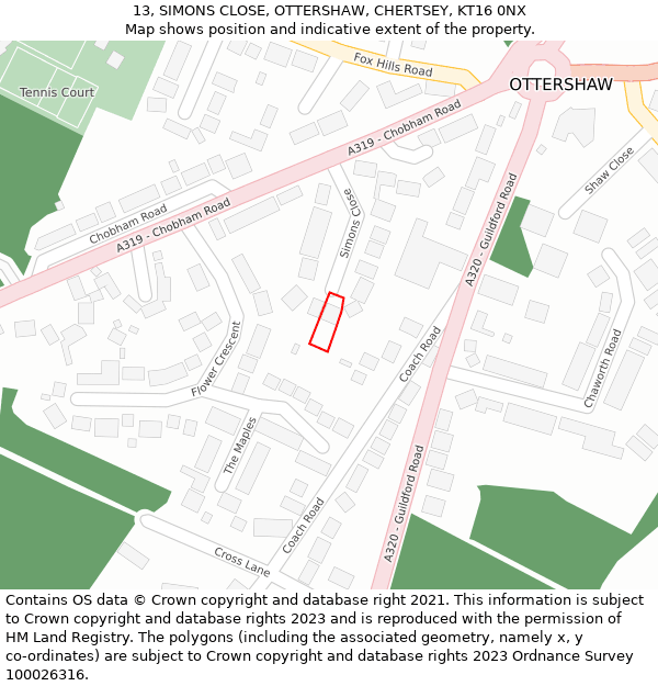 13, SIMONS CLOSE, OTTERSHAW, CHERTSEY, KT16 0NX: Location map and indicative extent of plot