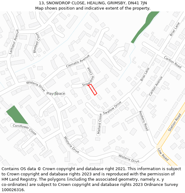 13, SNOWDROP CLOSE, HEALING, GRIMSBY, DN41 7JN: Location map and indicative extent of plot