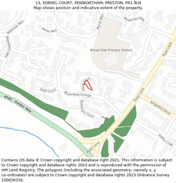 13, SORREL COURT, PENWORTHAM, PRESTON, PR1 9LN: Location map and indicative extent of plot