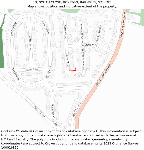 13, SOUTH CLOSE, ROYSTON, BARNSLEY, S71 4NT: Location map and indicative extent of plot