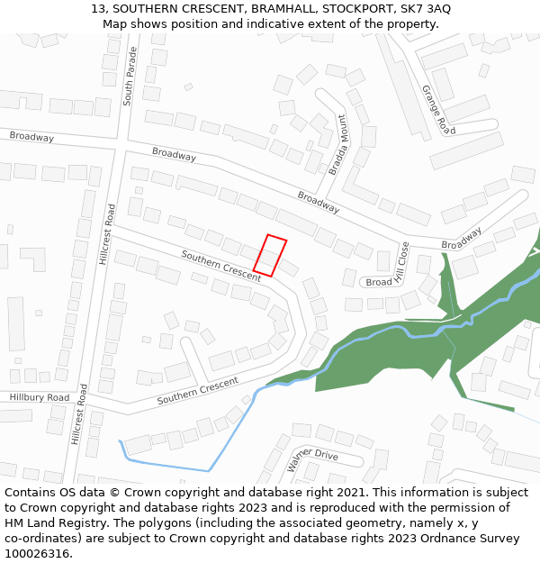 13, SOUTHERN CRESCENT, BRAMHALL, STOCKPORT, SK7 3AQ: Location map and indicative extent of plot