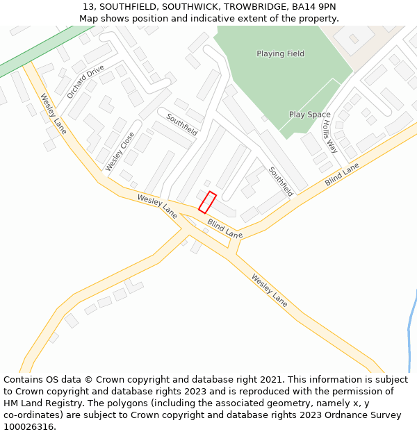 13, SOUTHFIELD, SOUTHWICK, TROWBRIDGE, BA14 9PN: Location map and indicative extent of plot