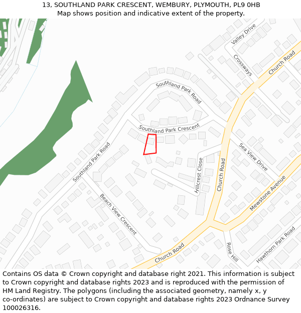 13, SOUTHLAND PARK CRESCENT, WEMBURY, PLYMOUTH, PL9 0HB: Location map and indicative extent of plot