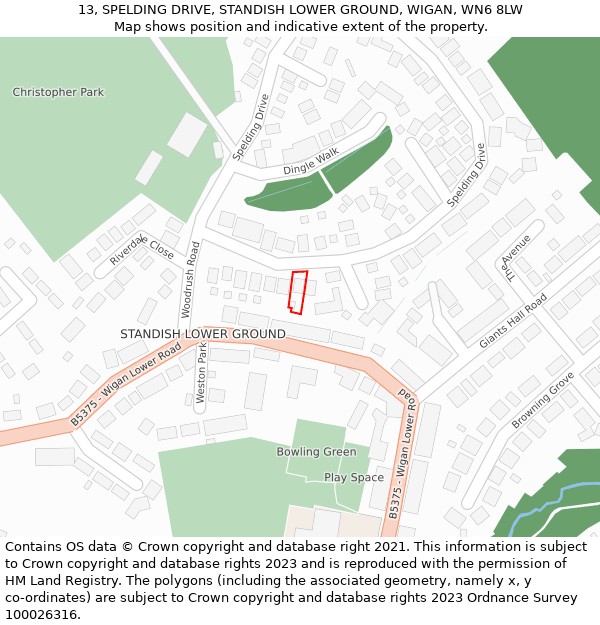 13, SPELDING DRIVE, STANDISH LOWER GROUND, WIGAN, WN6 8LW: Location map and indicative extent of plot