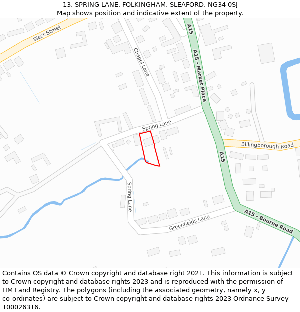 13, SPRING LANE, FOLKINGHAM, SLEAFORD, NG34 0SJ: Location map and indicative extent of plot