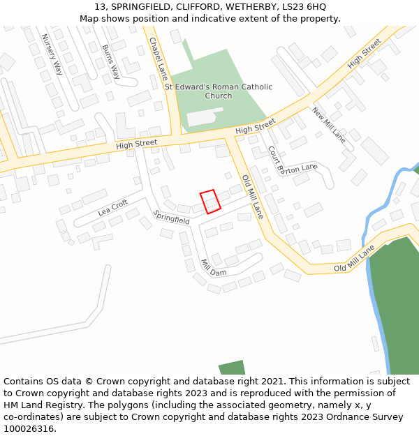 13, SPRINGFIELD, CLIFFORD, WETHERBY, LS23 6HQ: Location map and indicative extent of plot