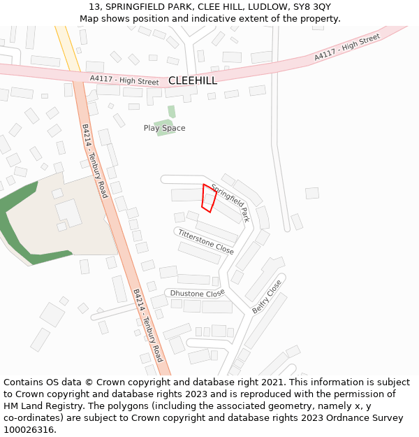 13, SPRINGFIELD PARK, CLEE HILL, LUDLOW, SY8 3QY: Location map and indicative extent of plot