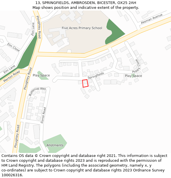 13, SPRINGFIELDS, AMBROSDEN, BICESTER, OX25 2AH: Location map and indicative extent of plot