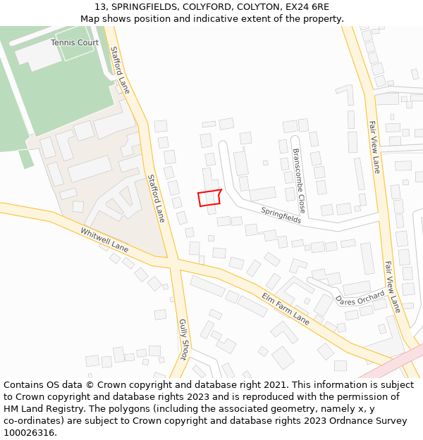 13, SPRINGFIELDS, COLYFORD, COLYTON, EX24 6RE: Location map and indicative extent of plot