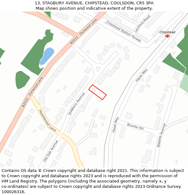 13, STAGBURY AVENUE, CHIPSTEAD, COULSDON, CR5 3PA: Location map and indicative extent of plot