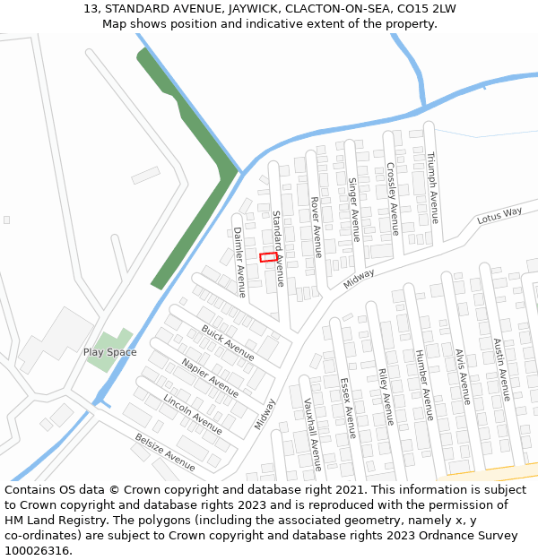 13, STANDARD AVENUE, JAYWICK, CLACTON-ON-SEA, CO15 2LW: Location map and indicative extent of plot