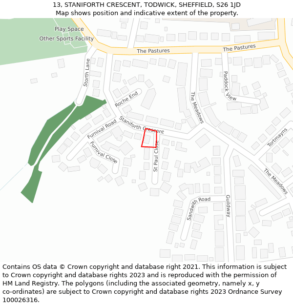 13, STANIFORTH CRESCENT, TODWICK, SHEFFIELD, S26 1JD: Location map and indicative extent of plot