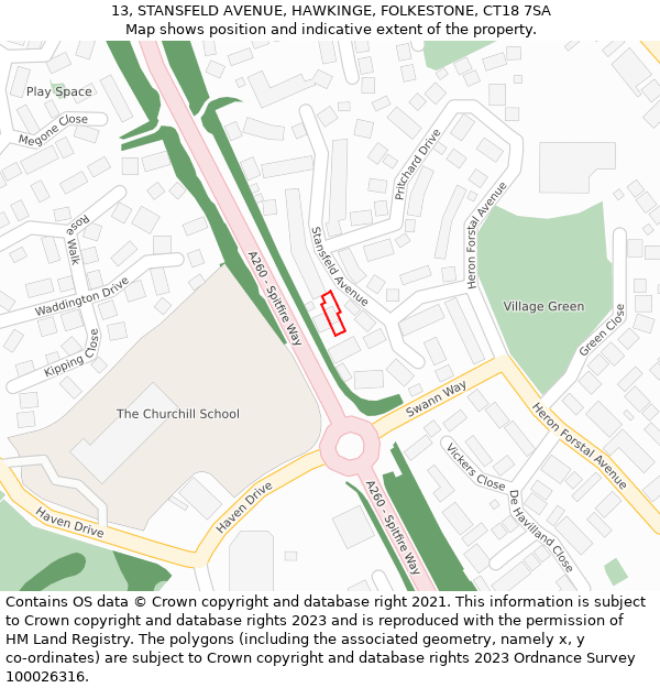 13, STANSFELD AVENUE, HAWKINGE, FOLKESTONE, CT18 7SA: Location map and indicative extent of plot