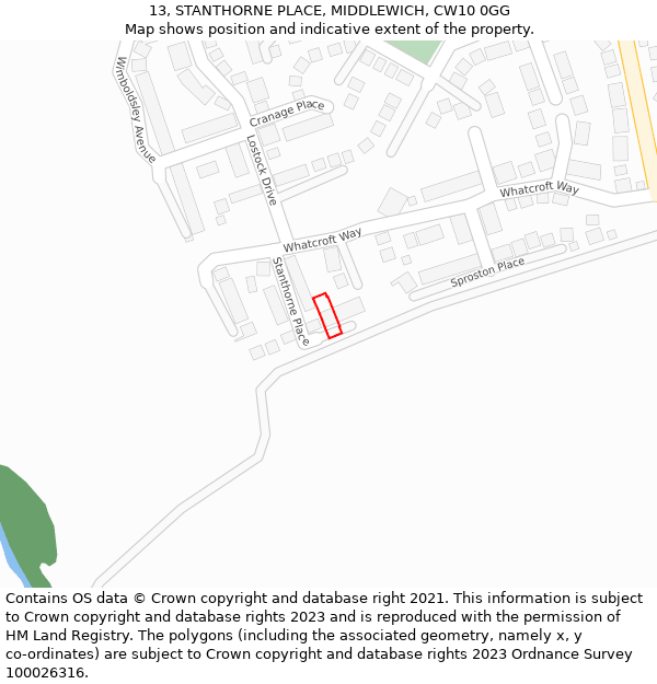 13, STANTHORNE PLACE, MIDDLEWICH, CW10 0GG: Location map and indicative extent of plot