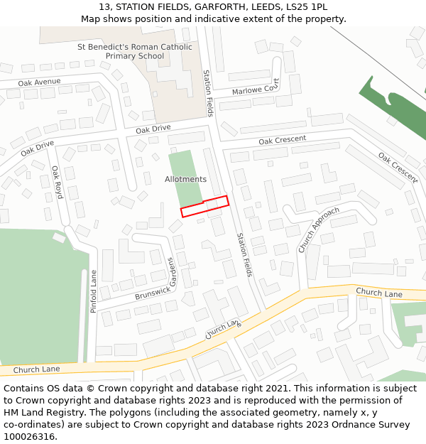 13, STATION FIELDS, GARFORTH, LEEDS, LS25 1PL: Location map and indicative extent of plot