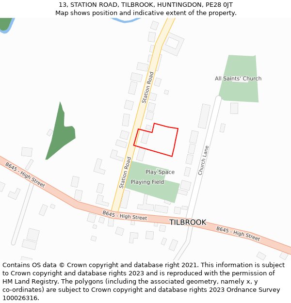 13, STATION ROAD, TILBROOK, HUNTINGDON, PE28 0JT: Location map and indicative extent of plot