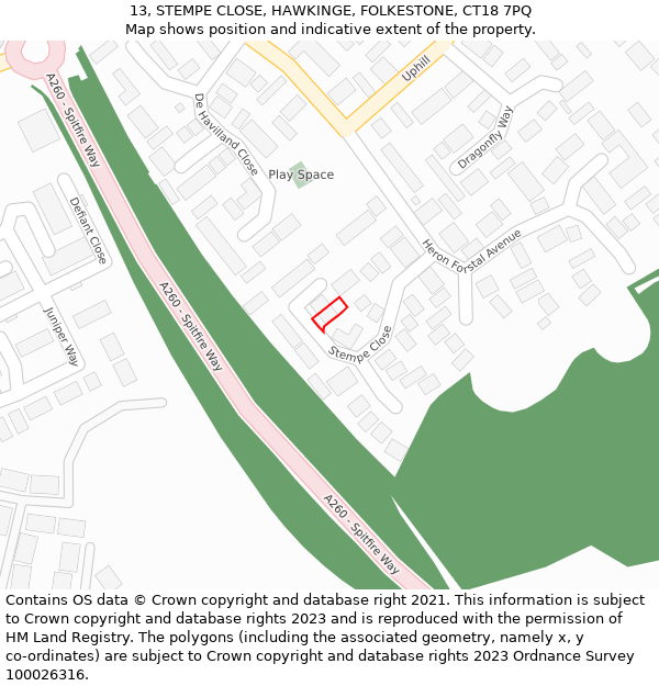 13, STEMPE CLOSE, HAWKINGE, FOLKESTONE, CT18 7PQ: Location map and indicative extent of plot