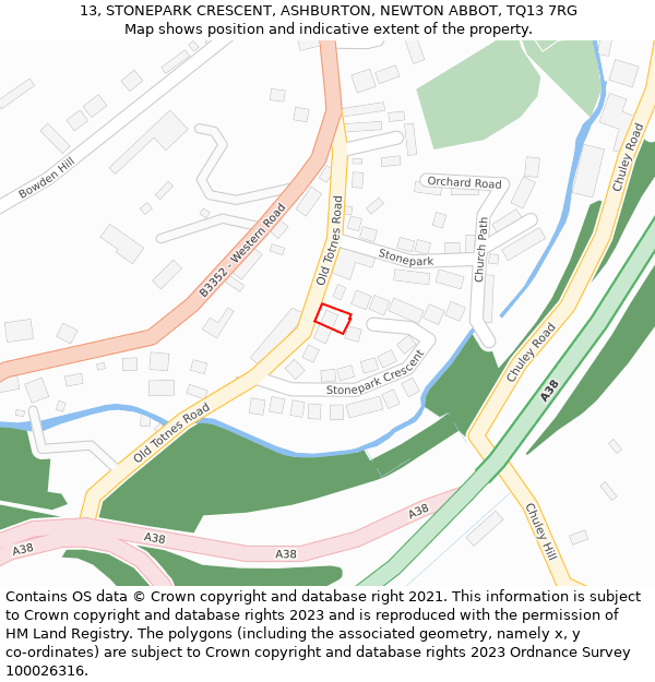 13, STONEPARK CRESCENT, ASHBURTON, NEWTON ABBOT, TQ13 7RG: Location map and indicative extent of plot