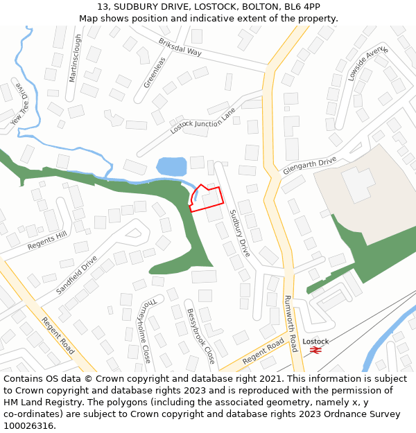 13, SUDBURY DRIVE, LOSTOCK, BOLTON, BL6 4PP: Location map and indicative extent of plot