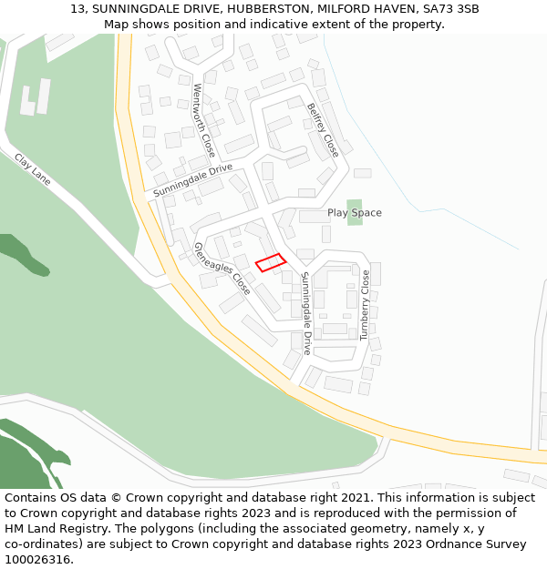 13, SUNNINGDALE DRIVE, HUBBERSTON, MILFORD HAVEN, SA73 3SB: Location map and indicative extent of plot