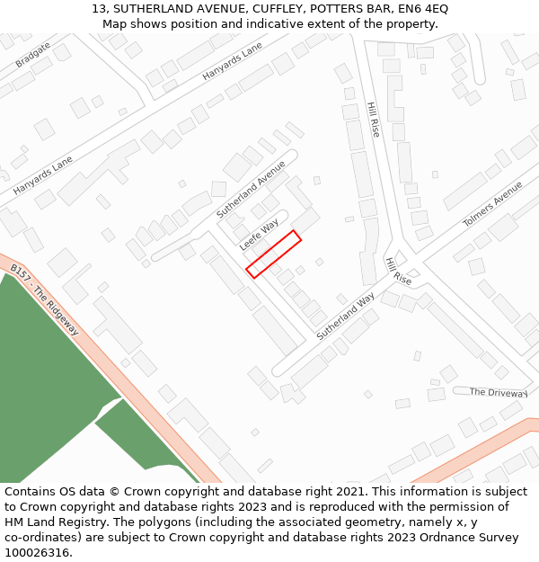 13, SUTHERLAND AVENUE, CUFFLEY, POTTERS BAR, EN6 4EQ: Location map and indicative extent of plot