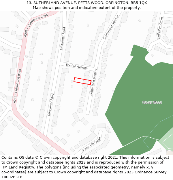 13, SUTHERLAND AVENUE, PETTS WOOD, ORPINGTON, BR5 1QX: Location map and indicative extent of plot