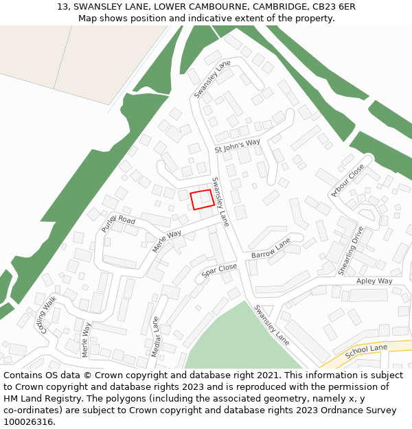 13, SWANSLEY LANE, LOWER CAMBOURNE, CAMBRIDGE, CB23 6ER: Location map and indicative extent of plot