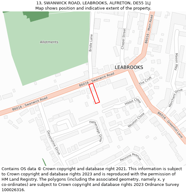 13, SWANWICK ROAD, LEABROOKS, ALFRETON, DE55 1LJ: Location map and indicative extent of plot