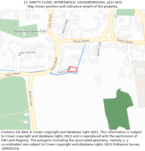 13, SWIFTS CLOSE, WYMESWOLD, LOUGHBOROUGH, LE12 6UG: Location map and indicative extent of plot